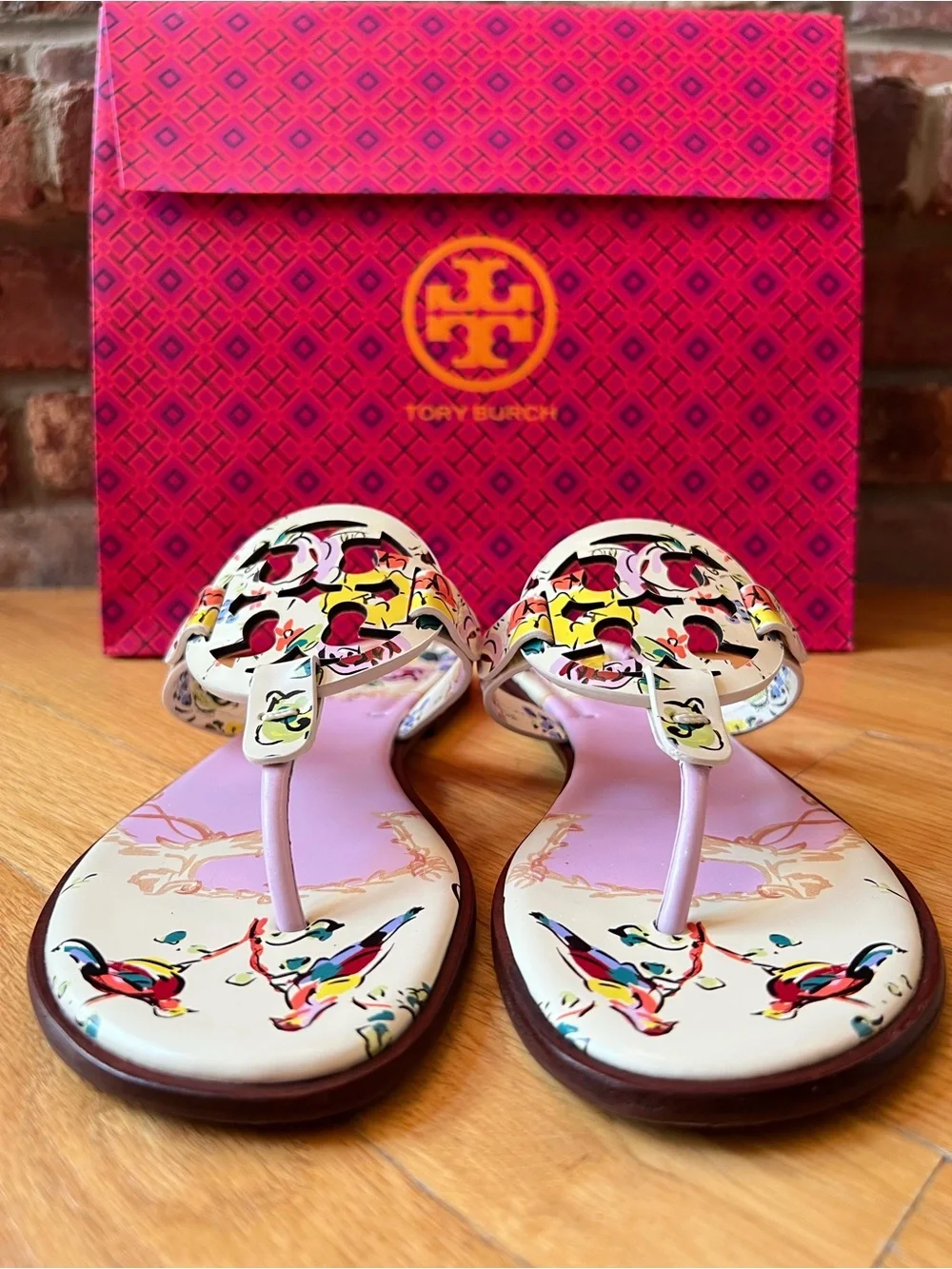 Tory Burch Pink Porcelain Floral Printed Leather Miller Welt Sandals
